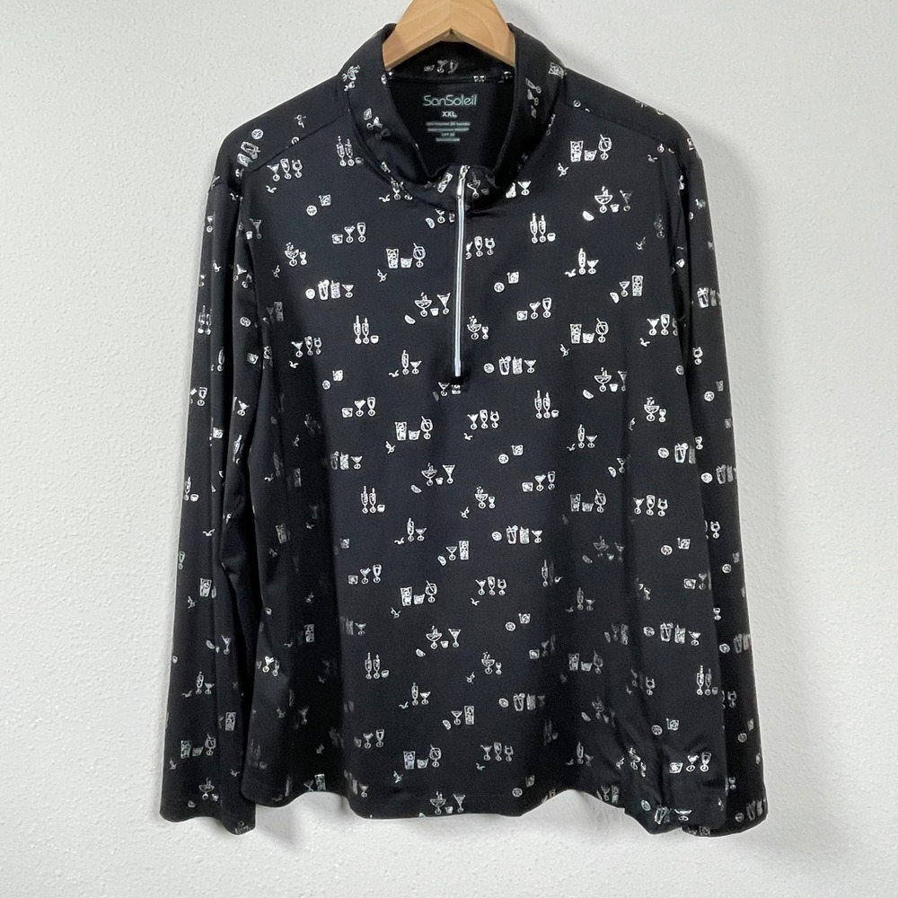 SanSoleil Quarter Zip Pullover Women XXL Black‎ Silver Cocktail Print Excellent